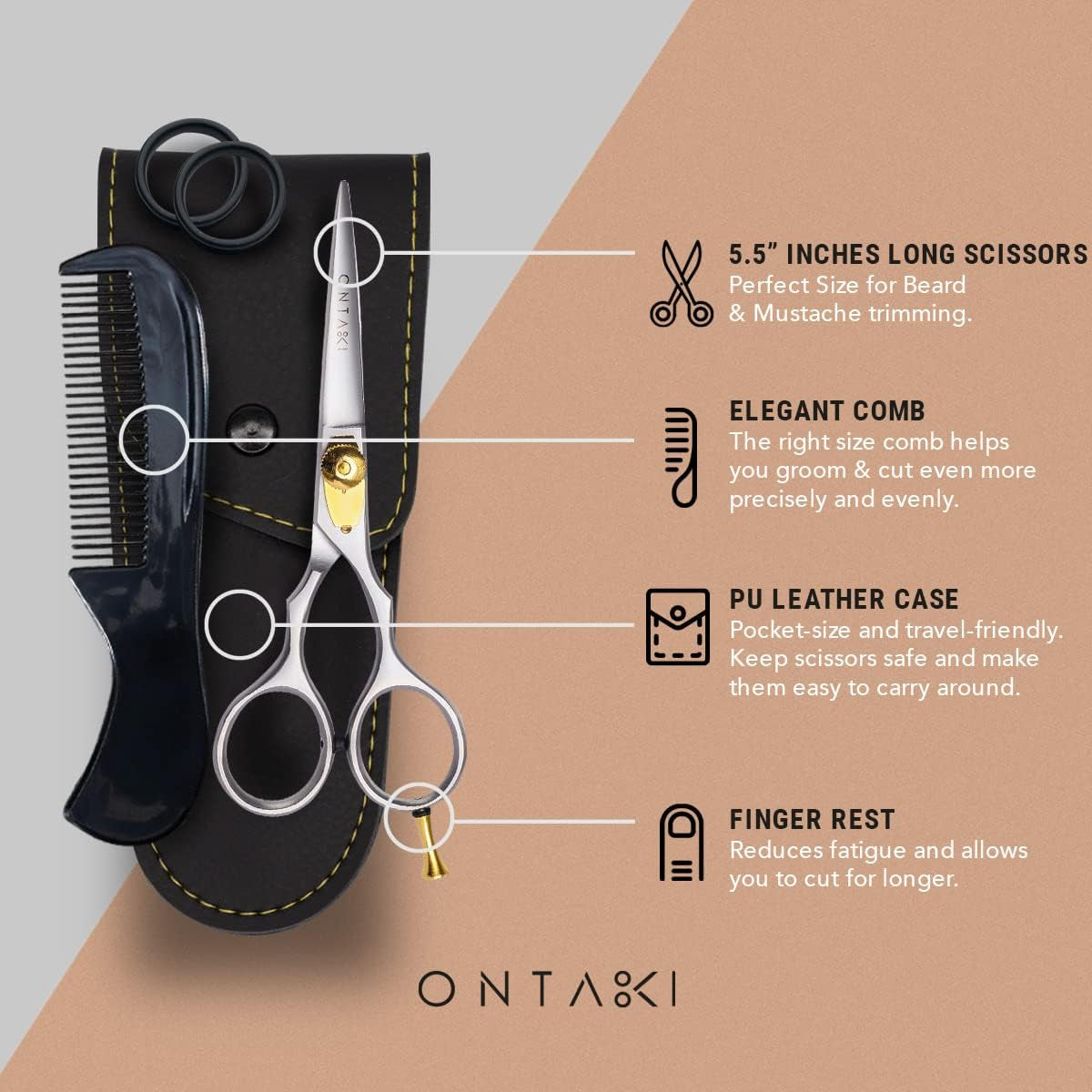 Grooming Scissors - 5.5" Japanese Steel, Silver - Precision Sharp Blades, Ergonomic Finger Rest & Adjustable Tension Screw