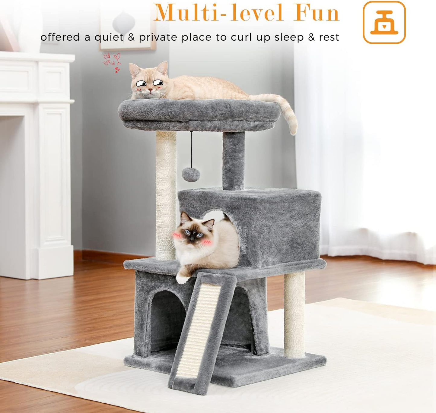 34 Inches Cat Tree Multilevel with Double Condos, Spacious Perch, Fully Wrapped Scratching Sisal Post and Replaceable Dangling Balls Gray