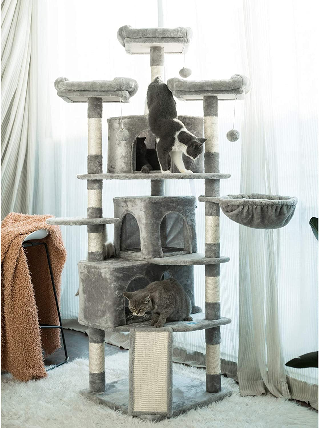 XL Size Cat Tree, 73.4 Inch Cat Tower with 3 Caves, 3 Cozy Perches, Scratching Posts- Light Gray MPJ032W
