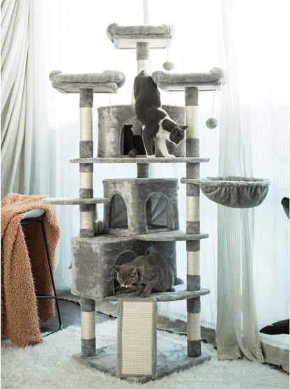 XL Size Cat Tree, 73.4 Inch Cat Tower with 3 Caves, 3 Cozy Perches, Scratching Posts- Light Gray MPJ032W