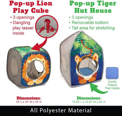 Safari Jungle Cat Play Set, Collapsible Pop-Up Cat Toys Combo with Cube, Tunnel & Hideout