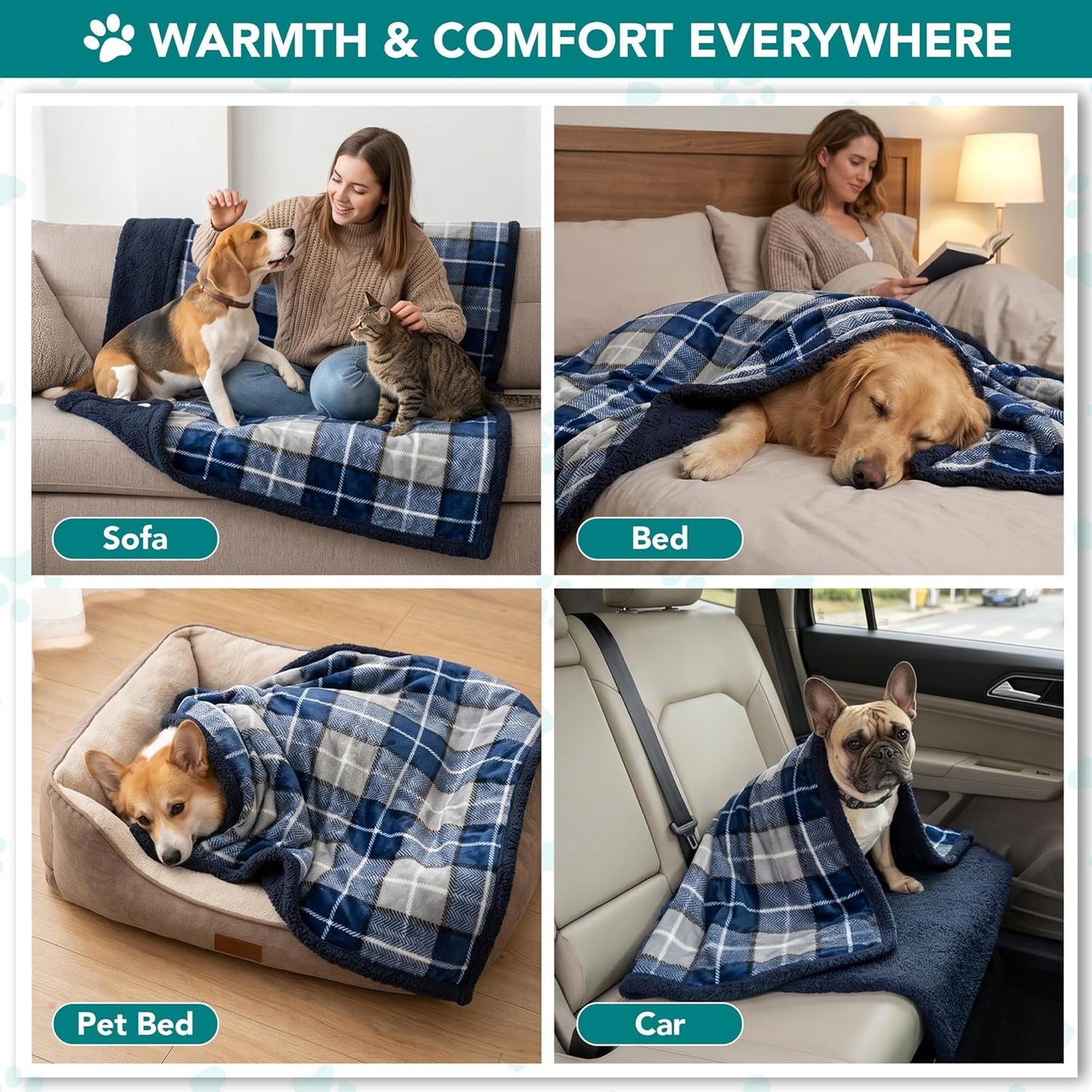 Dog Blanket for Medium Large Dogs, Fleece Throw Plush Reversible Washable, 40X60 Plaid Navy Blue