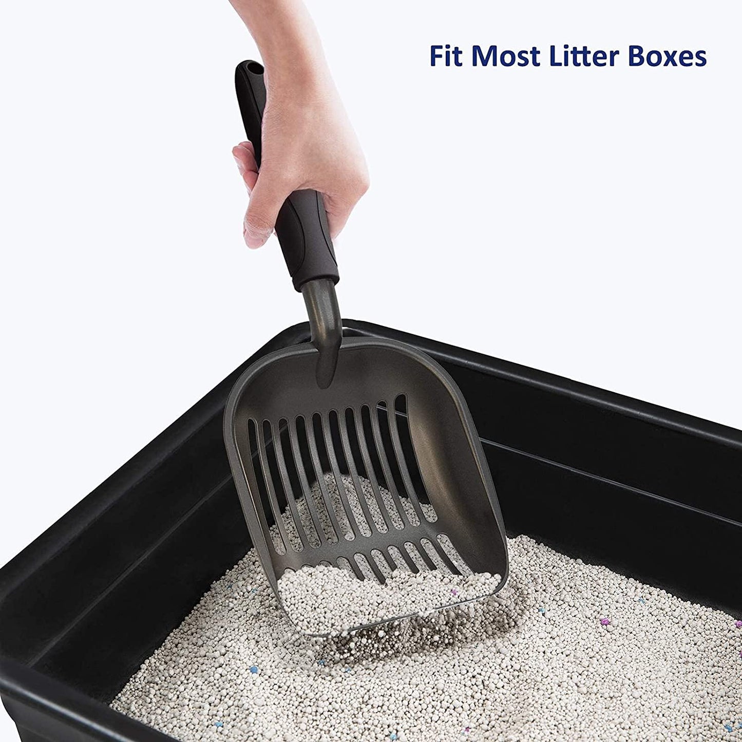 Cat Litter Scoop, Non-Stick Plated Aluminum Alloy Sifter, Size Large, Coated Black Body with Black Handle