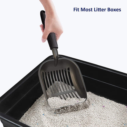 Cat Litter Scoop, Non-Stick Plated Aluminum Alloy Sifter, Size Large, Coated Black Body with Black Handle