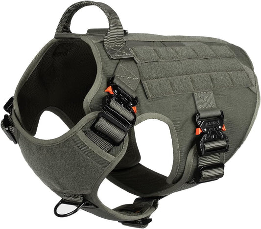 Tactical Dog Harness with Metal Buckles and MOLLE System, Adjustable No-Pull Vest for Large Working Dogs (Size L: 28"-35" Chest), Green