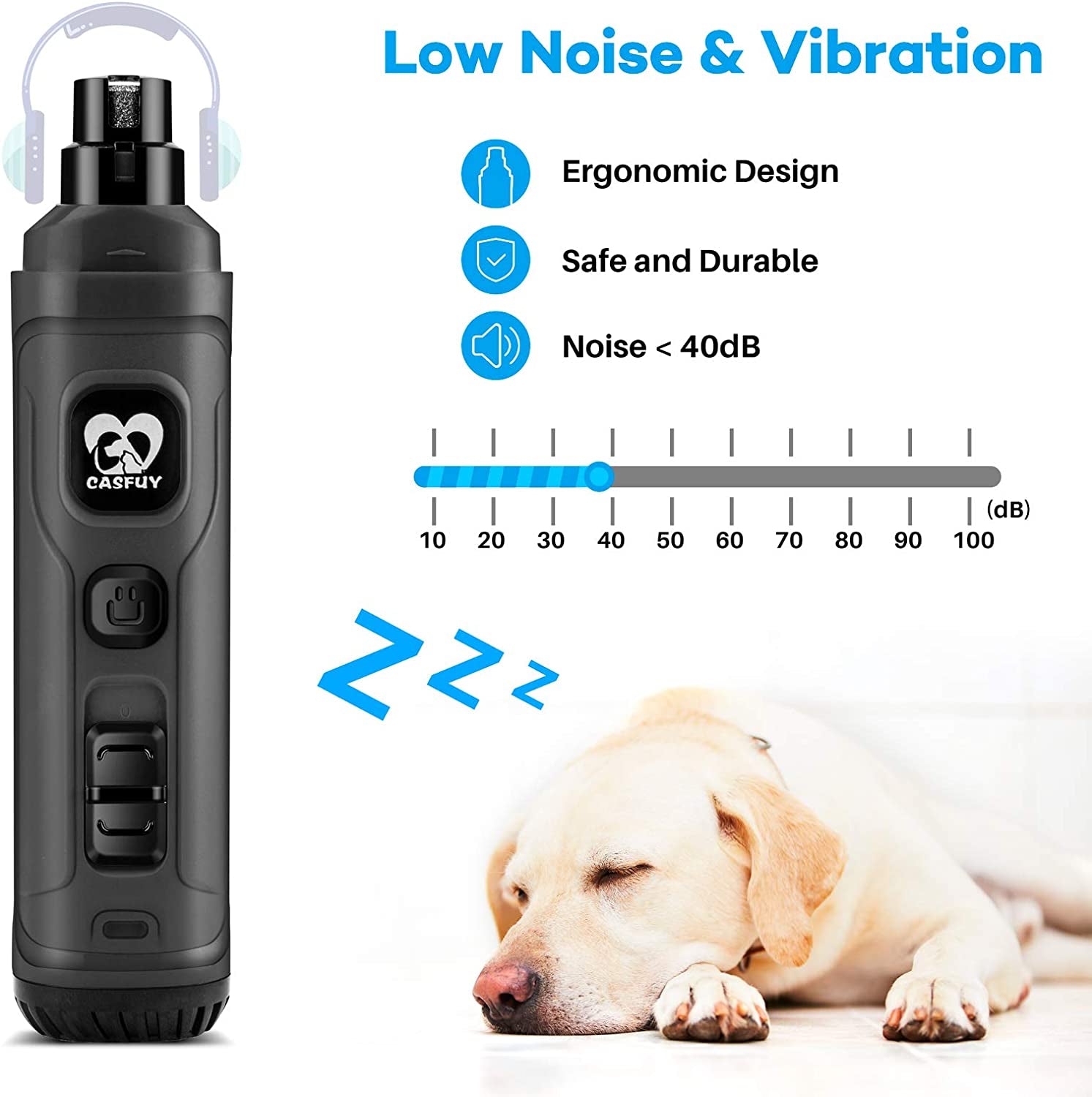 Dog Nail Grinder with 2 LED Light 2-Speed Powerful Electric Pet Nail Trimmer Professional Quiet Painless (Grey)