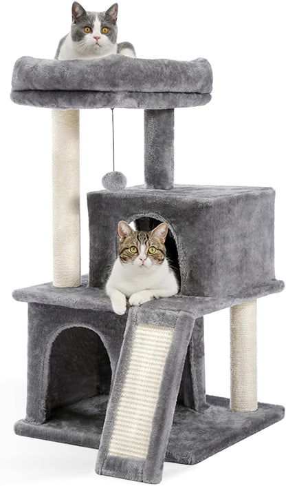34 Inches Cat Tree Multilevel with Double Condos, Spacious Perch, Fully Wrapped Scratching Sisal Post and Replaceable Dangling Balls Gray