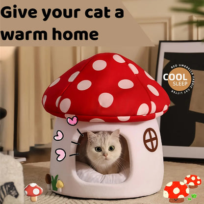 Cute Mushroom Cat House, Semi-Enclosed Hideaway, All-Season Bed for Indoor Small Cats