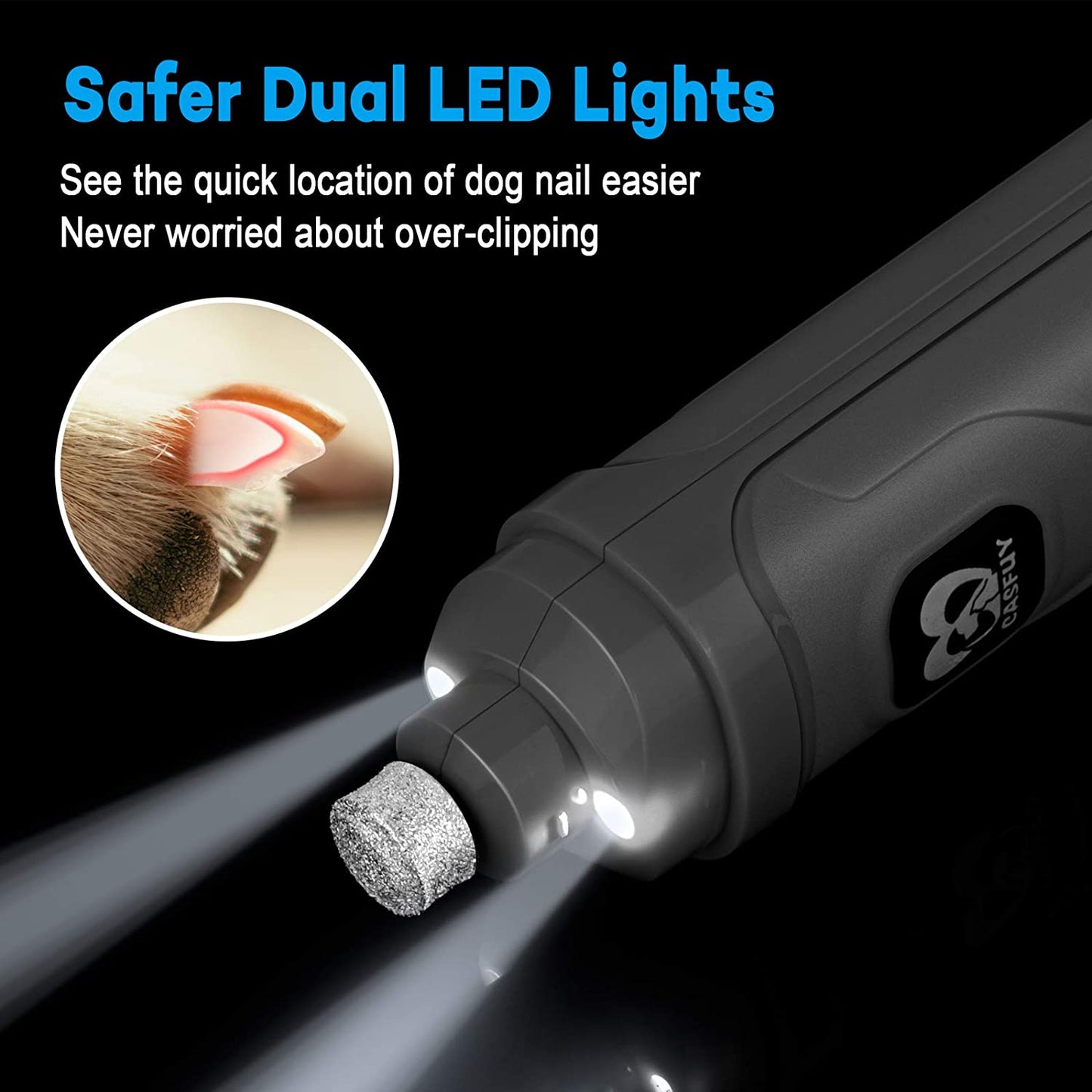 Dog Nail Grinder with 2 LED Light 2-Speed Powerful Electric Pet Nail Trimmer Professional Quiet Painless (Grey)