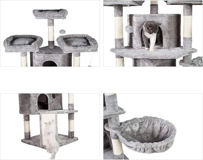 XL Size Cat Tree, 73.4 Inch Cat Tower with 3 Caves, 3 Cozy Perches, Scratching Posts- Light Gray MPJ032W