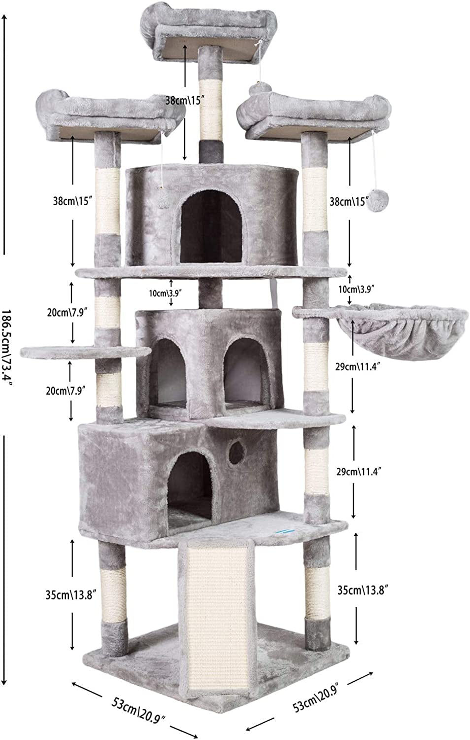 XL Size Cat Tree, 73.4 Inch Cat Tower with 3 Caves, 3 Cozy Perches, Scratching Posts- Light Gray MPJ032W