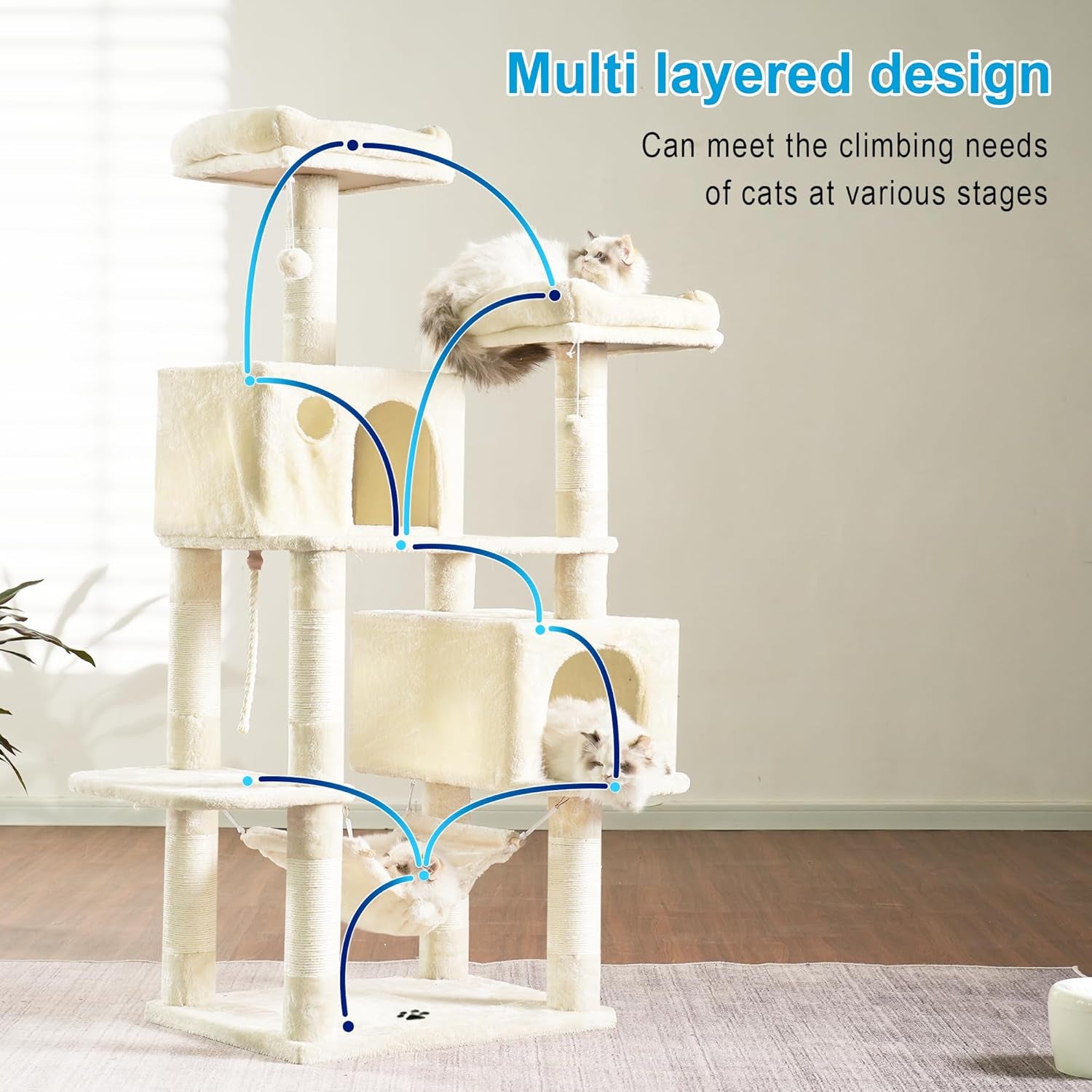 Large Multi-Level Cat Tree Condo Furniture with Sisal-Covered Scratching Posts, 2 Bigger Plush Condos, Perch Hammock