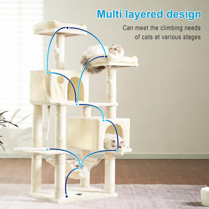 Large Multi-Level Cat Tree Condo Furniture with Sisal-Covered Scratching Posts, 2 Bigger Plush Condos, Perch Hammock