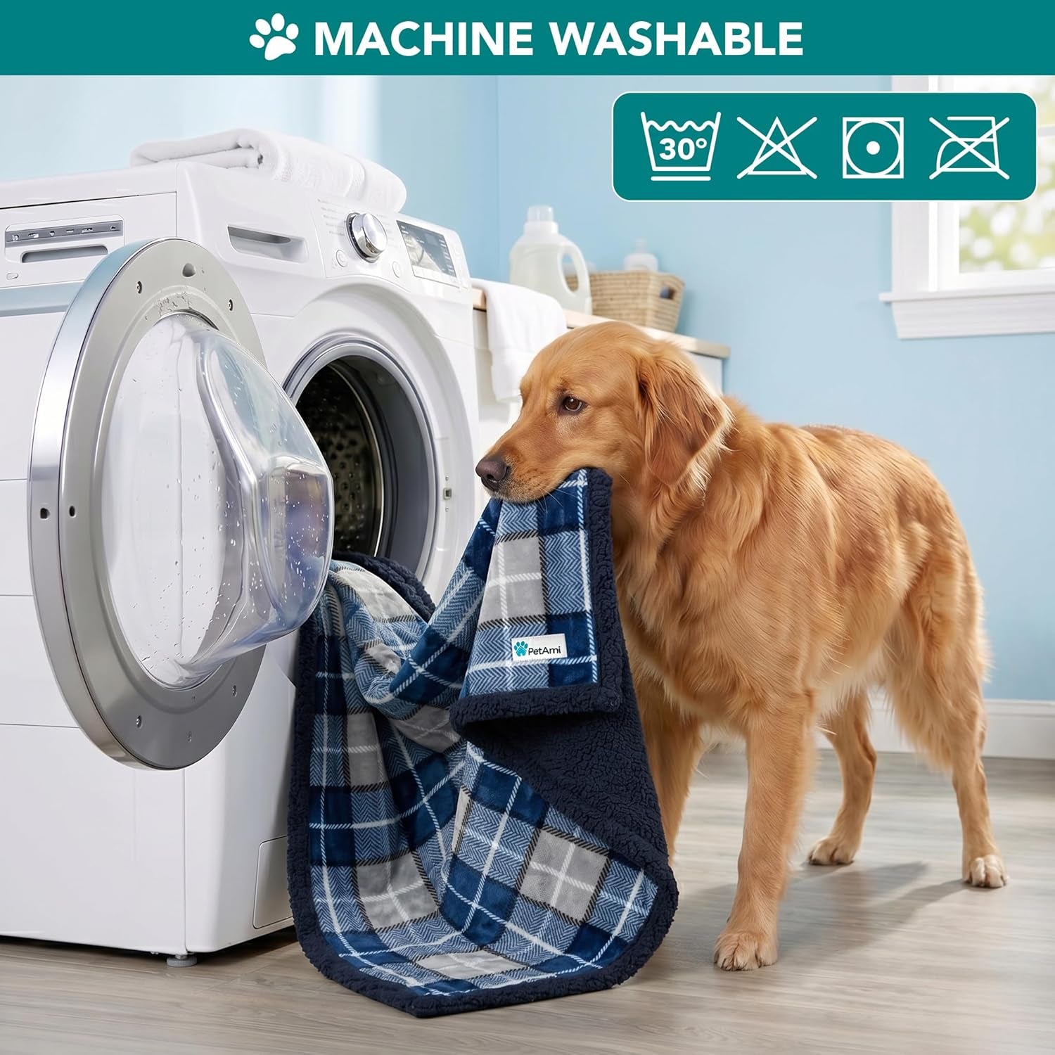 Dog Blanket for Medium Large Dogs, Fleece Throw Plush Reversible Washable, 40X60 Plaid Navy Blue