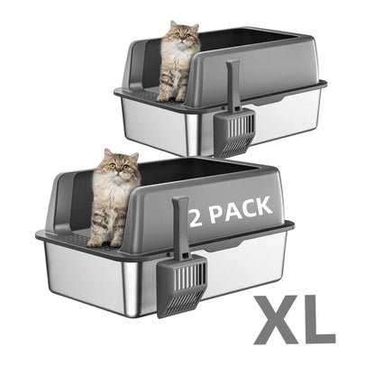 Stainless Steel Litter Box with Lid - High-Sided, Non-Sticky, Large Size 