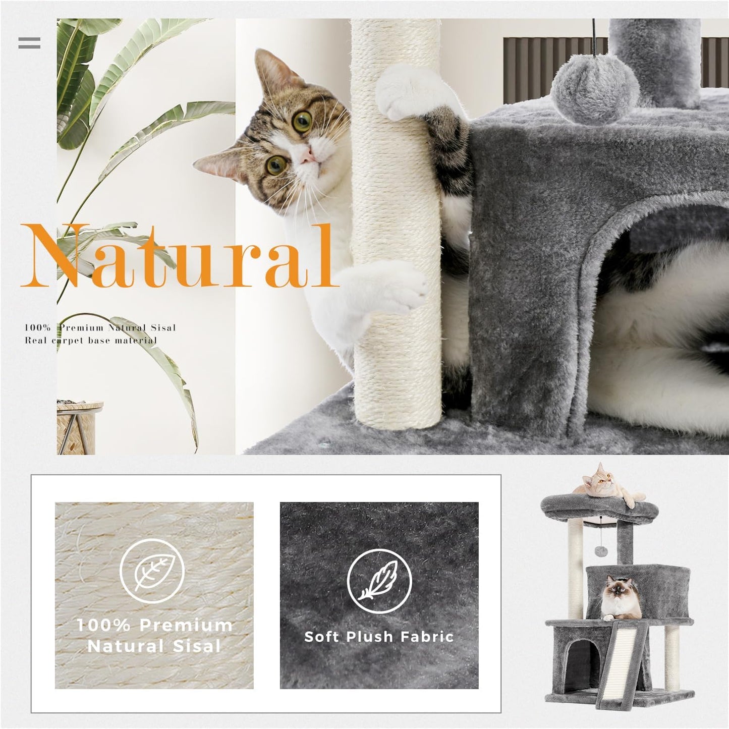 34 Inches Cat Tree Multilevel with Double Condos, Spacious Perch, Fully Wrapped Scratching Sisal Post and Replaceable Dangling Balls Gray