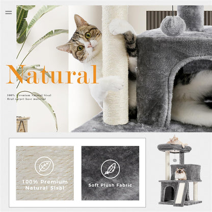 34 Inches Cat Tree Multilevel with Double Condos, Spacious Perch, Fully Wrapped Scratching Sisal Post and Replaceable Dangling Balls Gray
