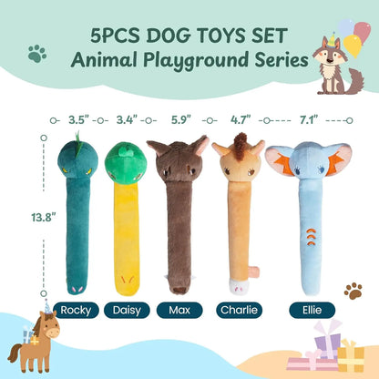 Nocciola 5 Pack Squeaky Dog Toys, Plush Wild Animals w/ Crinkle Paper & Treat-Hiding Compartment