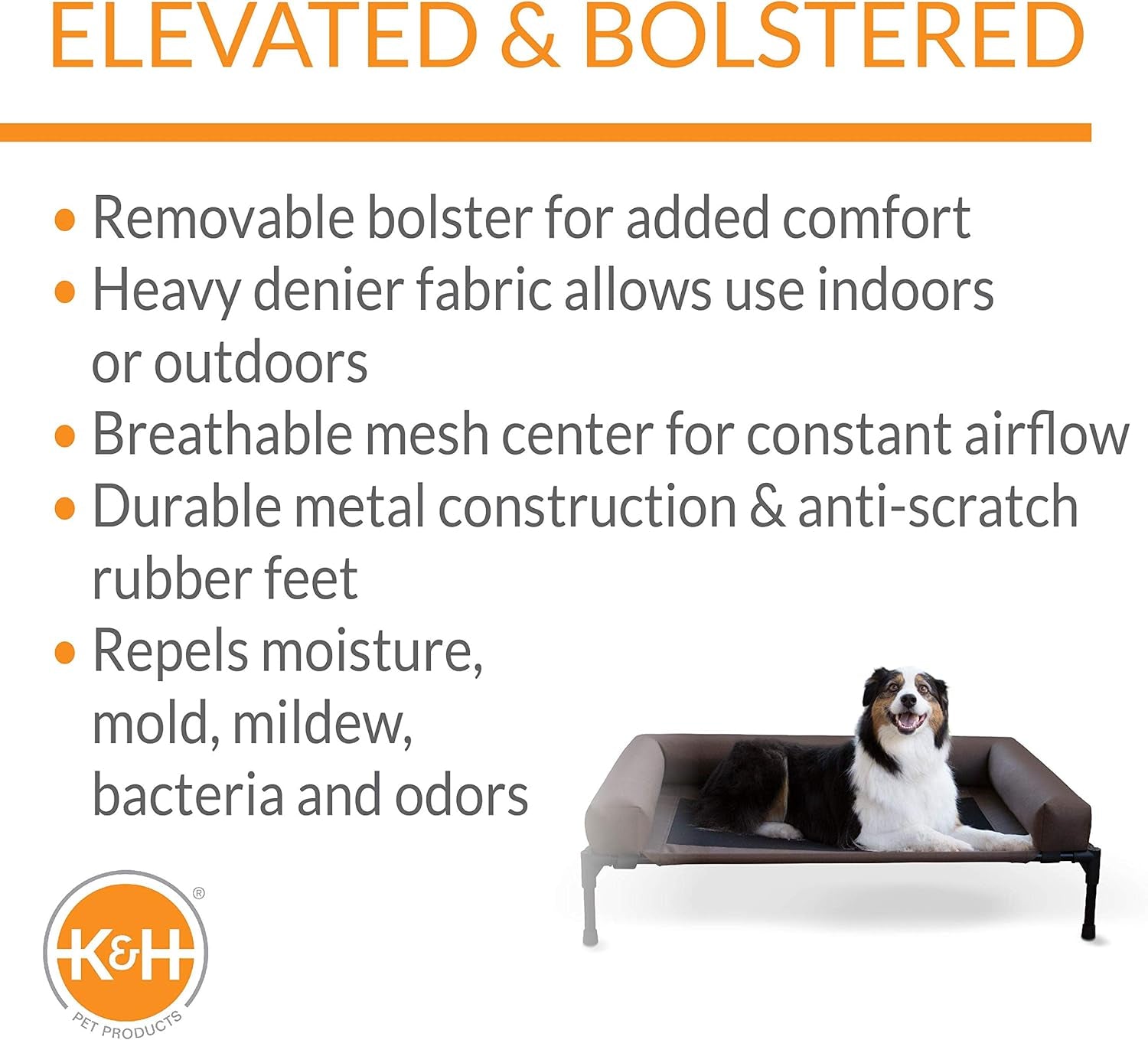 Bolster Pet Elevated Outdoor Dog Bed with Removable Bolsters - Chocolate/Black Mesh, Large 30 X 42 X 7 Inches