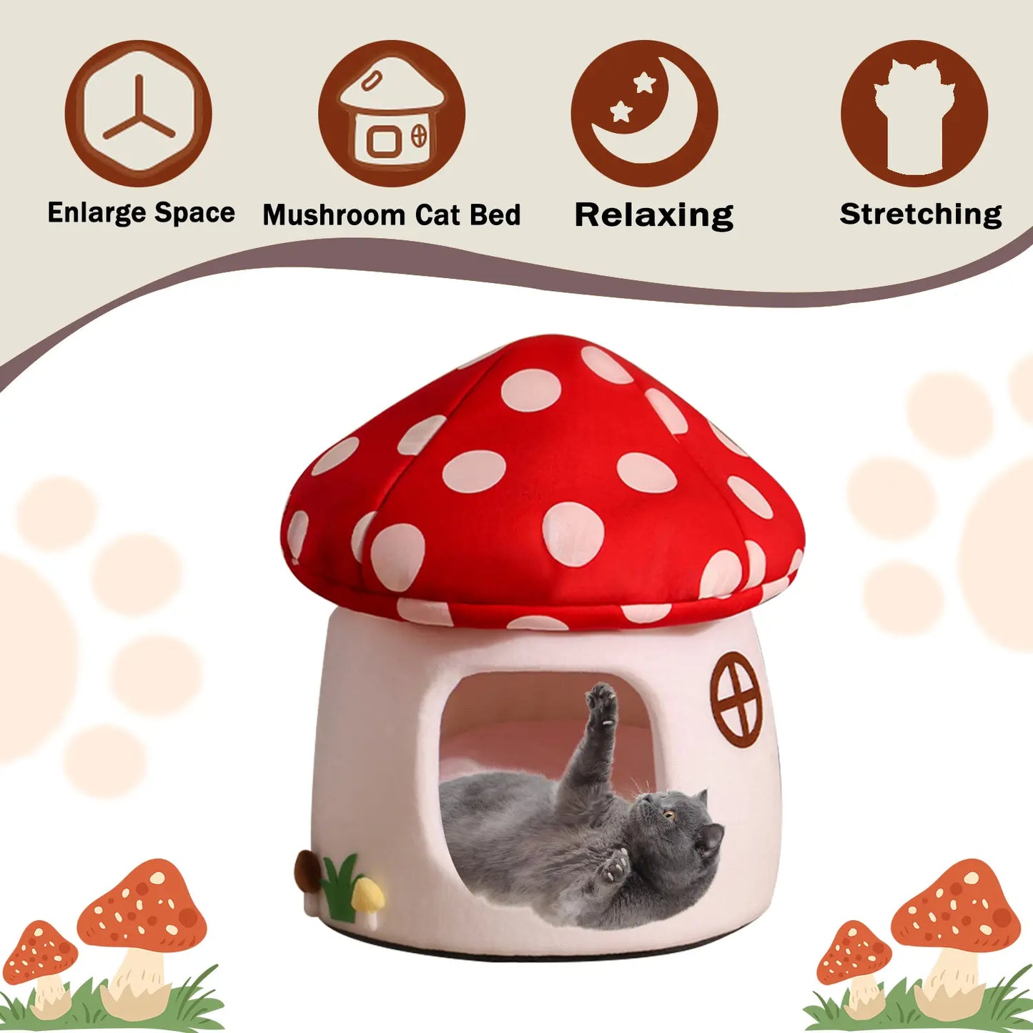 Cute Mushroom Cat House, Semi-Enclosed Hideaway, All-Season Bed for Indoor Small Cats