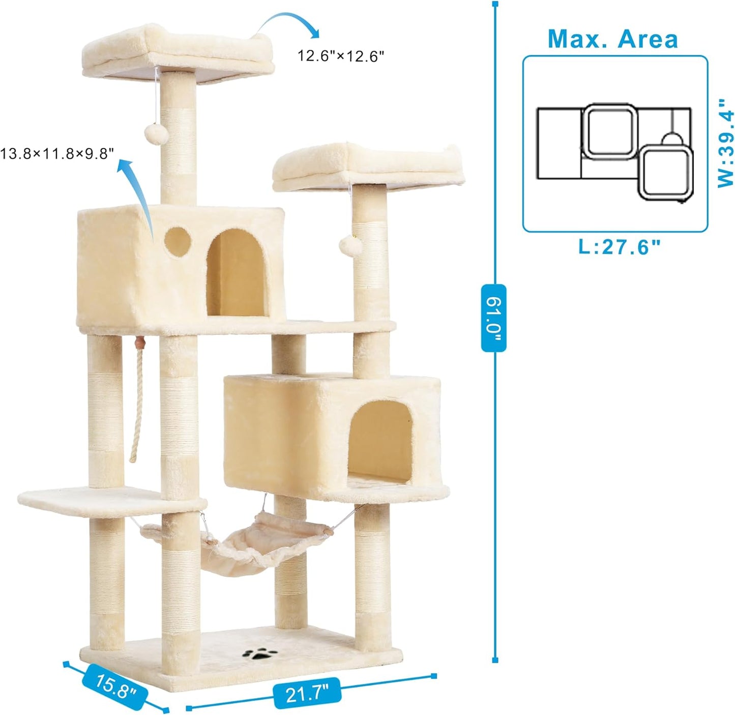 Large Multi-Level Cat Tree Condo Furniture with Sisal-Covered Scratching Posts, 2 Bigger Plush Condos, Perch Hammock