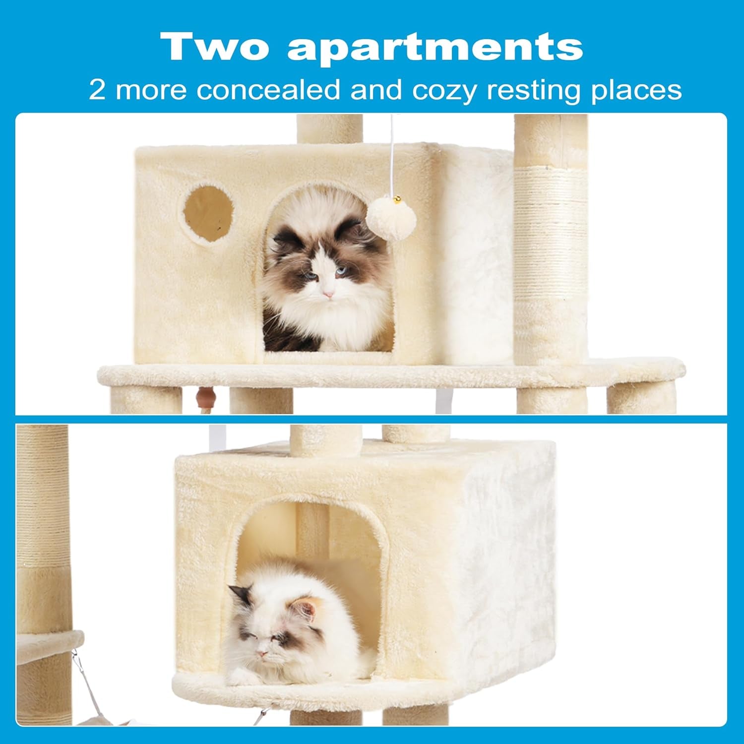 Large Multi-Level Cat Tree Condo Furniture with Sisal-Covered Scratching Posts, 2 Bigger Plush Condos, Perch Hammock