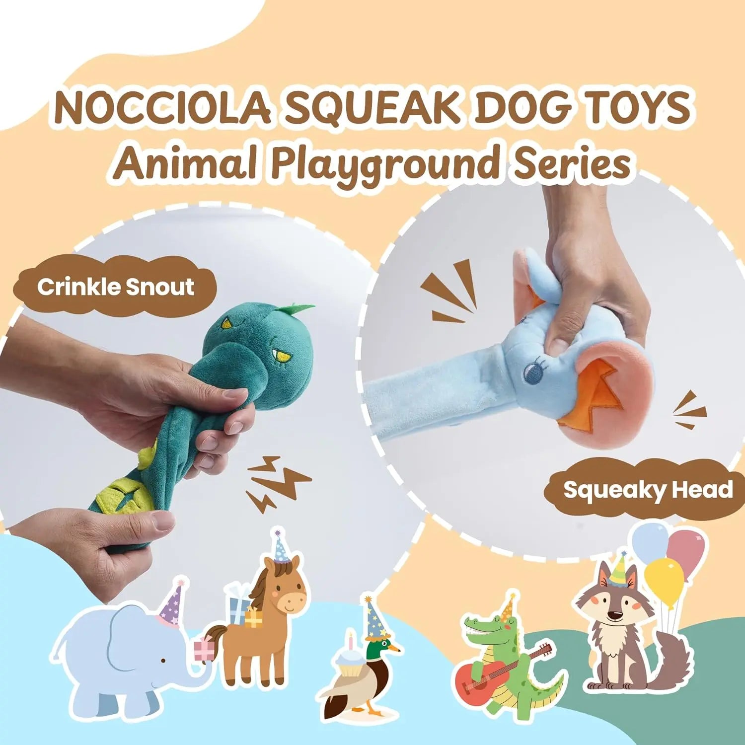 Nocciola 5 Pack Squeaky Dog Toys, Plush Wild Animals w/ Crinkle Paper & Treat-Hiding Compartment