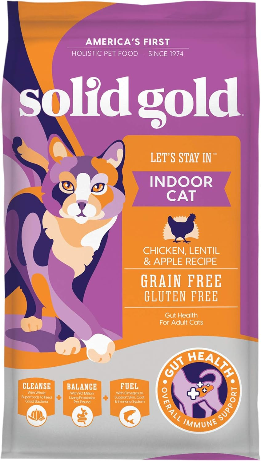Solid Gold Indoor Dry Cat Food - Grain Free & Gluten Free - Chicken - Sensitive Stomach & Hairball Support for Adult Cats - 12LB
