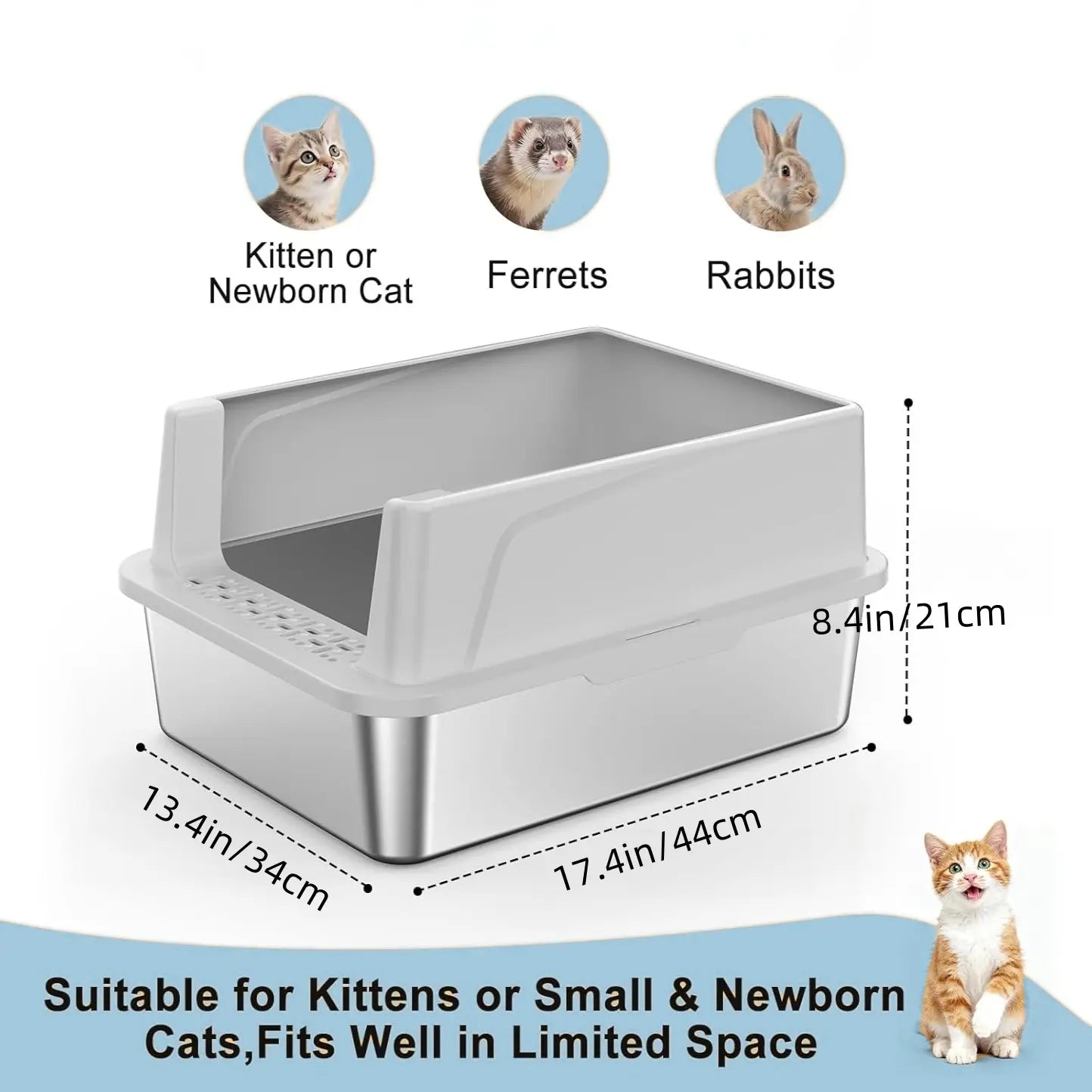 Stainless Steel Litter Box with Lid - High-Sided, Non-Sticky, Large Size 