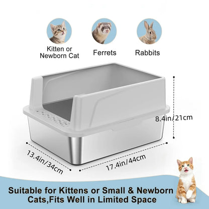 Stainless Steel Litter Box with Lid - High-Sided, Non-Sticky, Large Size 