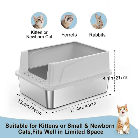 Stainless Steel Litter Box with Lid - High-Sided, Non-Sticky, Large Size 