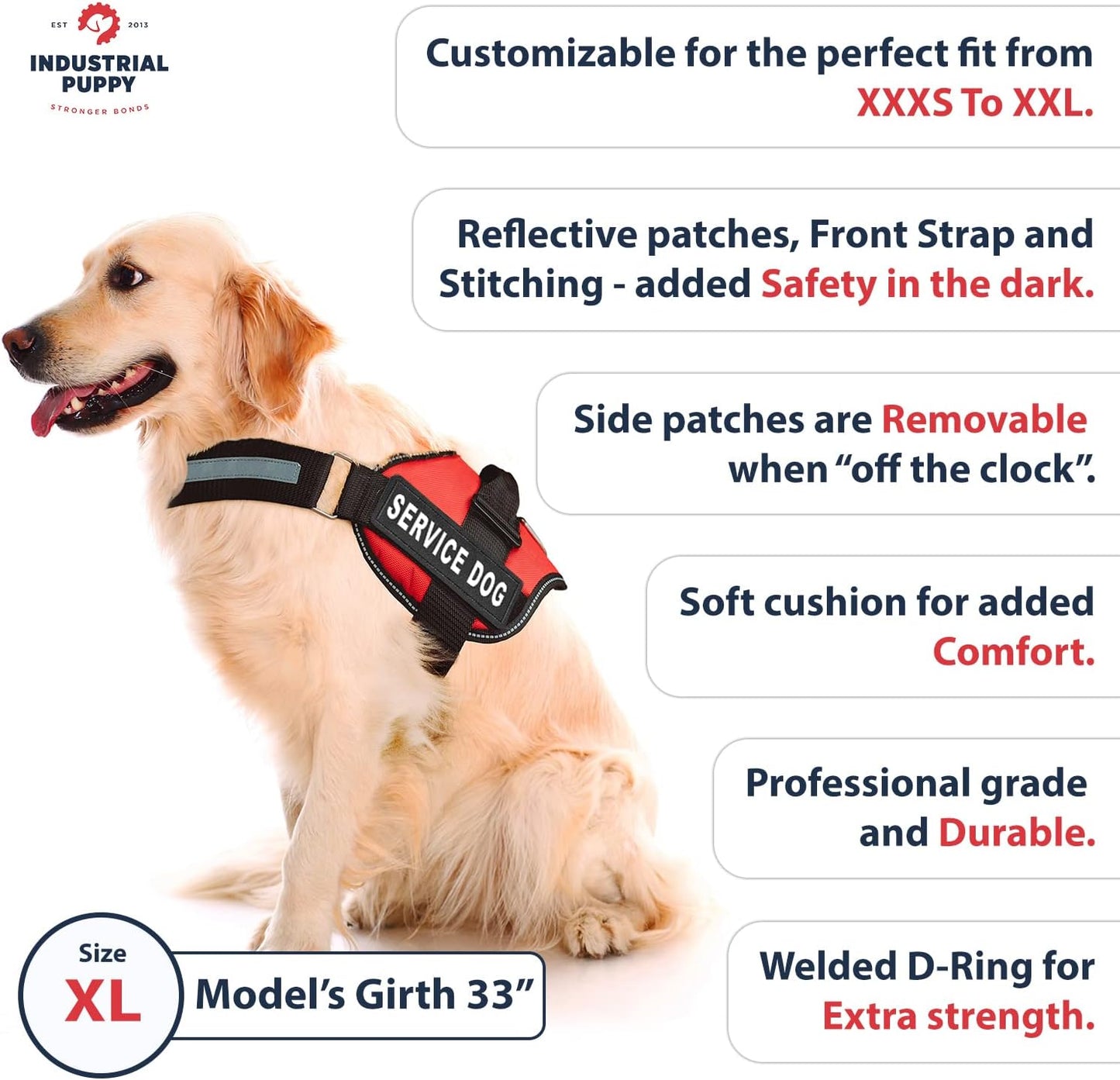 Service Dog Vest with Hook and Loop Straps and Matching Service Dog Leash Set - XL - Harness Features Reflective Patch and Comfortable Mesh Design