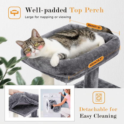 34 Inches Cat Tree Multilevel with Double Condos, Spacious Perch, Fully Wrapped Scratching Sisal Post and Replaceable Dangling Balls Gray