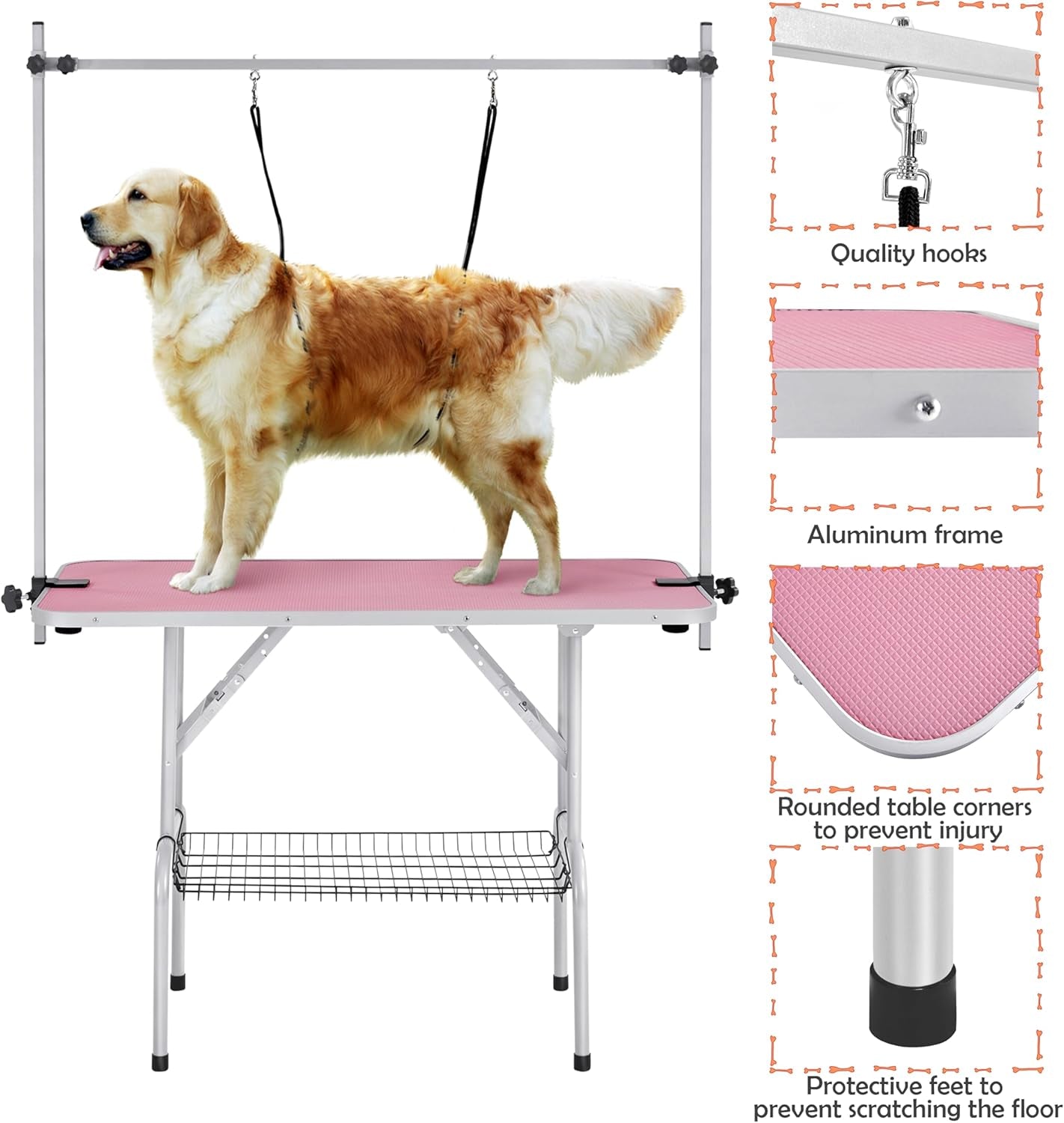46'' Pet Grooming Table for Large Dogs Adjustable Height - W/Arm/Noose/Mesh Tray Maximum Capacity up to 265Lb -Pink