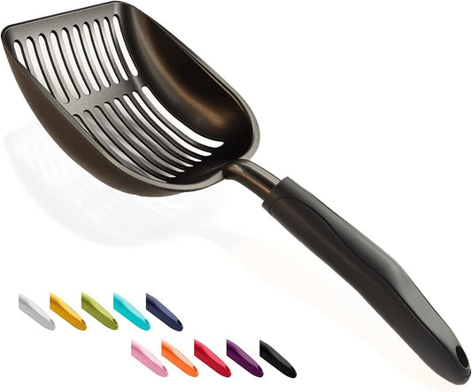 Cat Litter Scoop, Non-Stick Plated Aluminum Alloy Sifter, Size Large, Coated Black Body with Black Handle