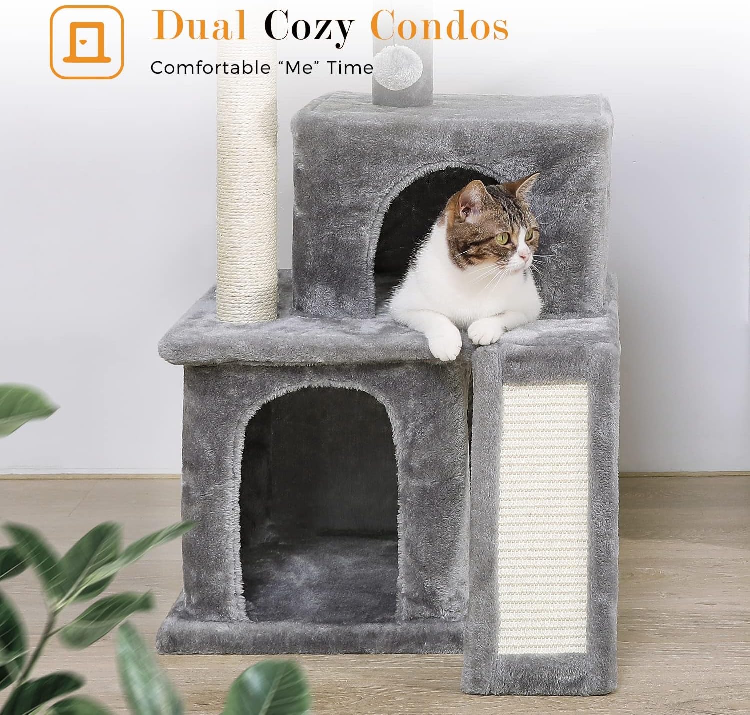 34 Inches Cat Tree Multilevel with Double Condos, Spacious Perch, Fully Wrapped Scratching Sisal Post and Replaceable Dangling Balls Gray