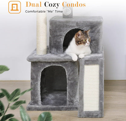 34 Inches Cat Tree Multilevel with Double Condos, Spacious Perch, Fully Wrapped Scratching Sisal Post and Replaceable Dangling Balls Gray