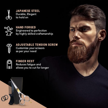 Grooming Scissors - 5.5" Japanese Steel, Silver - Precision Sharp Blades, Ergonomic Finger Rest & Adjustable Tension Screw