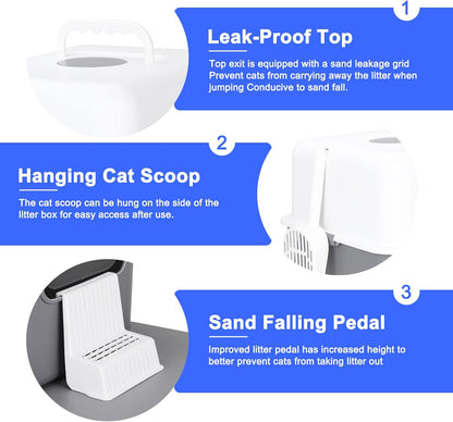Cat Litter Box with Pedal, Fully Enclosed Leak-Proof for Small Cats under 8 IB, High Edge and Odorless (Grey with Handle)