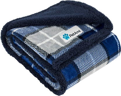 Dog Blanket for Medium Large Dogs, Fleece Throw Plush Reversible Washable, 40X60 Plaid Navy Blue