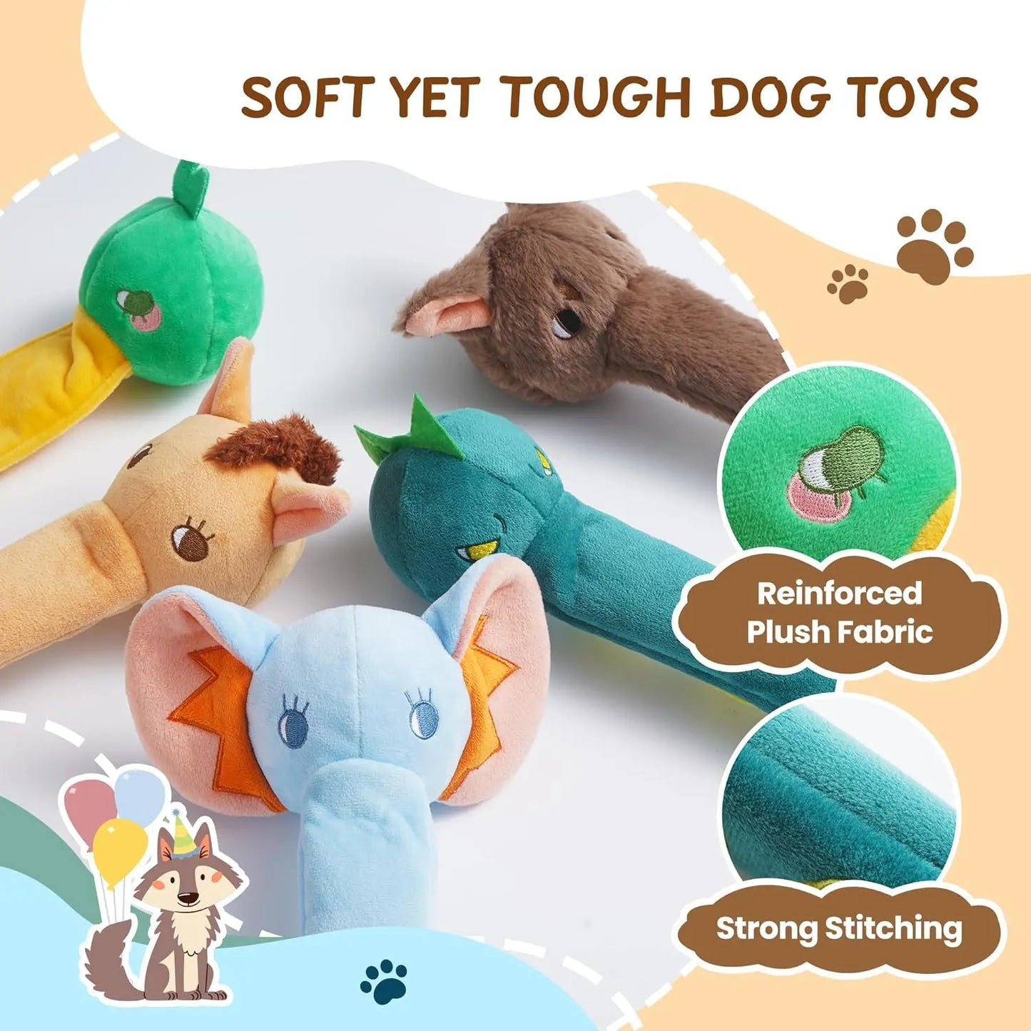 Nocciola 5 Pack Squeaky Dog Toys, Plush Wild Animals w/ Crinkle Paper & Treat-Hiding Compartment