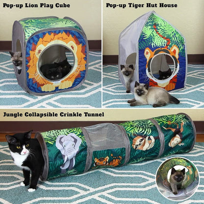 Safari Jungle Cat Play Set, Collapsible Pop-Up Cat Toys Combo with Cube, Tunnel & Hideout