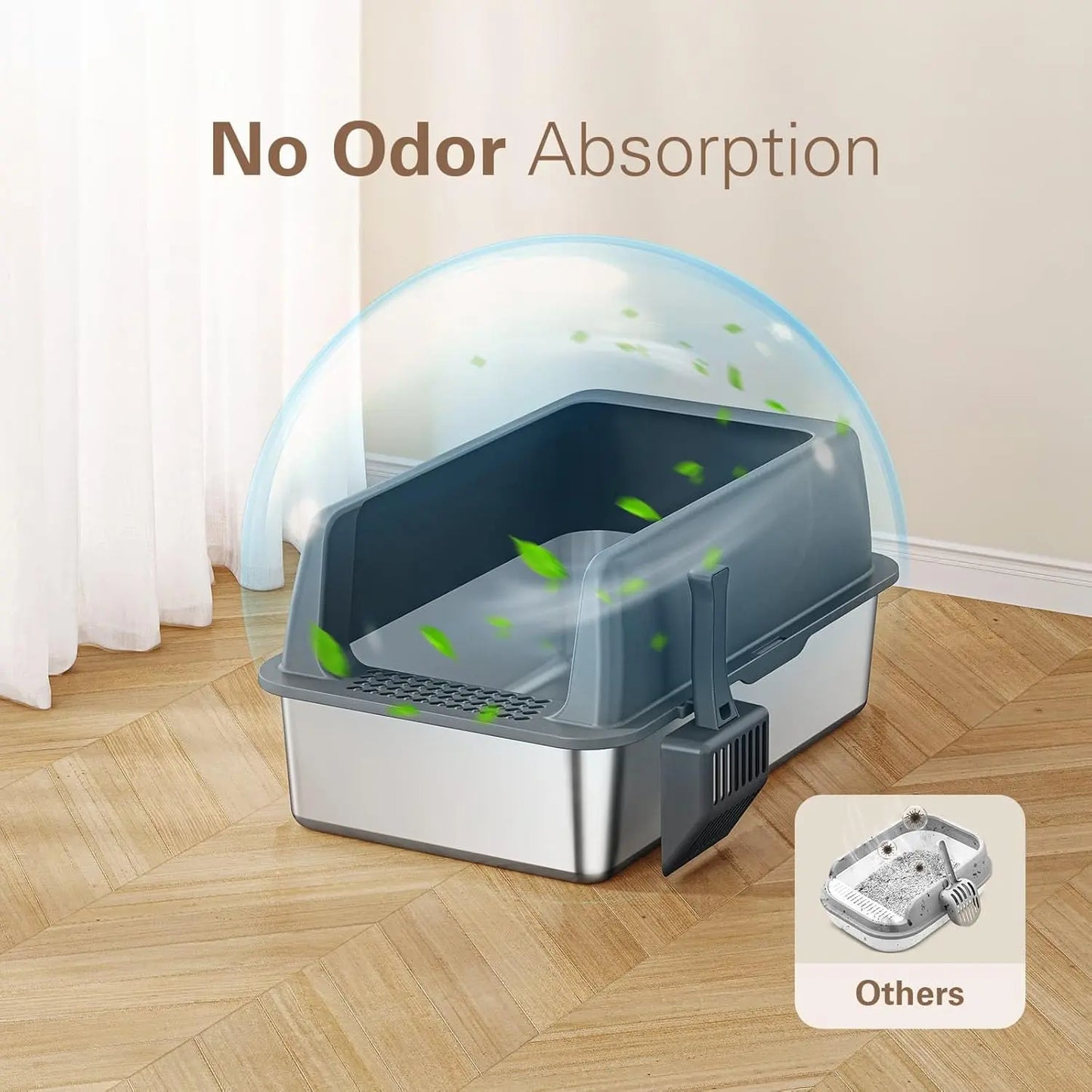 Stainless Steel Litter Box with Lid - High-Sided, Non-Sticky, Large Size 