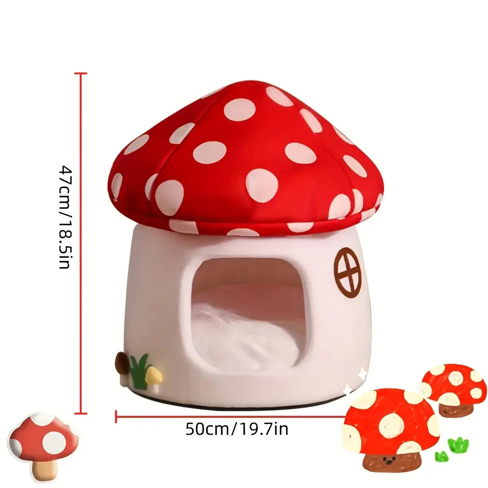 Cute Mushroom Cat House, Semi-Enclosed Hideaway, All-Season Bed for Indoor Small Cats