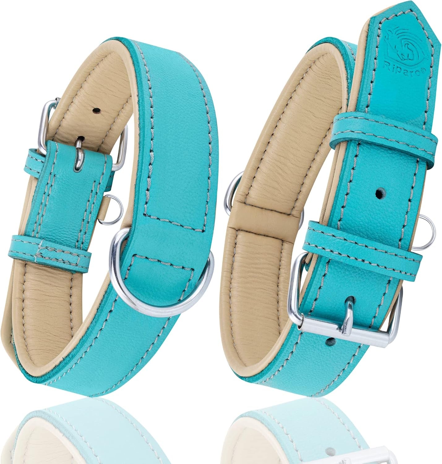 Riparo Dog Collars for Medium Dogs, Genuine Leather Dog Collar (M: 1" Wide for 13.5”-17.5” Neck, Aqua)