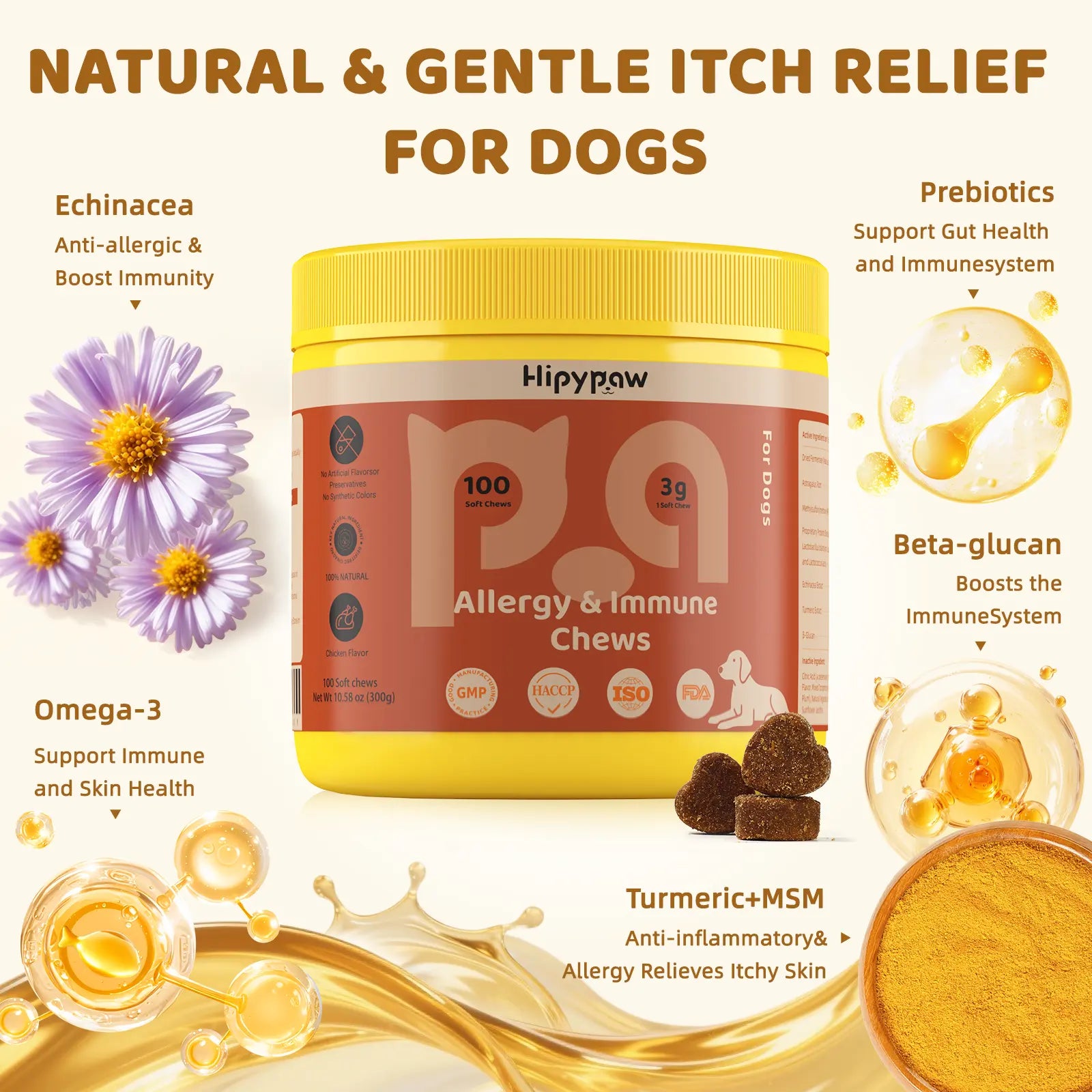 Hipypaw Allergy & Immune Bites for Seasonal Allergies, for Dogs' Gut & Immune Health
