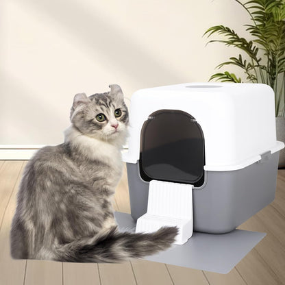 Cat Litter Box with Pedal, Fully Enclosed Leak-Proof for Small Cats under 8 IB, High Edge and Odorless (Grey with Handle)