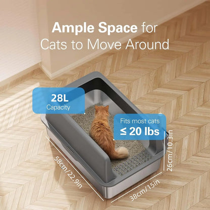 Stainless Steel Litter Box with Lid - High-Sided, Non-Sticky, Large Size 