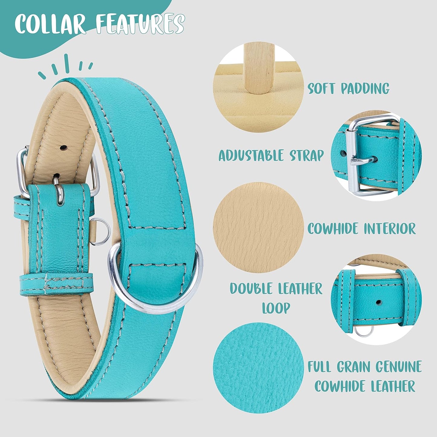 Riparo Dog Collars for Medium Dogs, Genuine Leather Dog Collar (M: 1" Wide for 13.5”-17.5” Neck, Aqua)