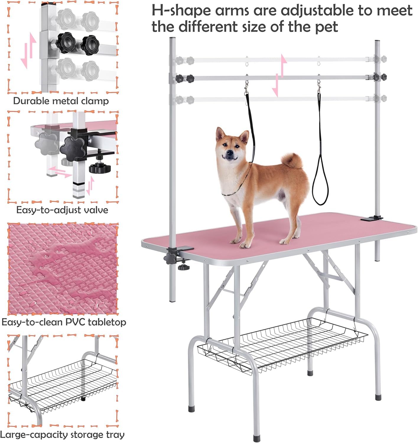46'' Pet Grooming Table for Large Dogs Adjustable Height - W/Arm/Noose/Mesh Tray Maximum Capacity up to 265Lb -Pink